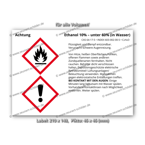 Ethanol 10% – unter 60% (in Wasser), CAS 64-17-5