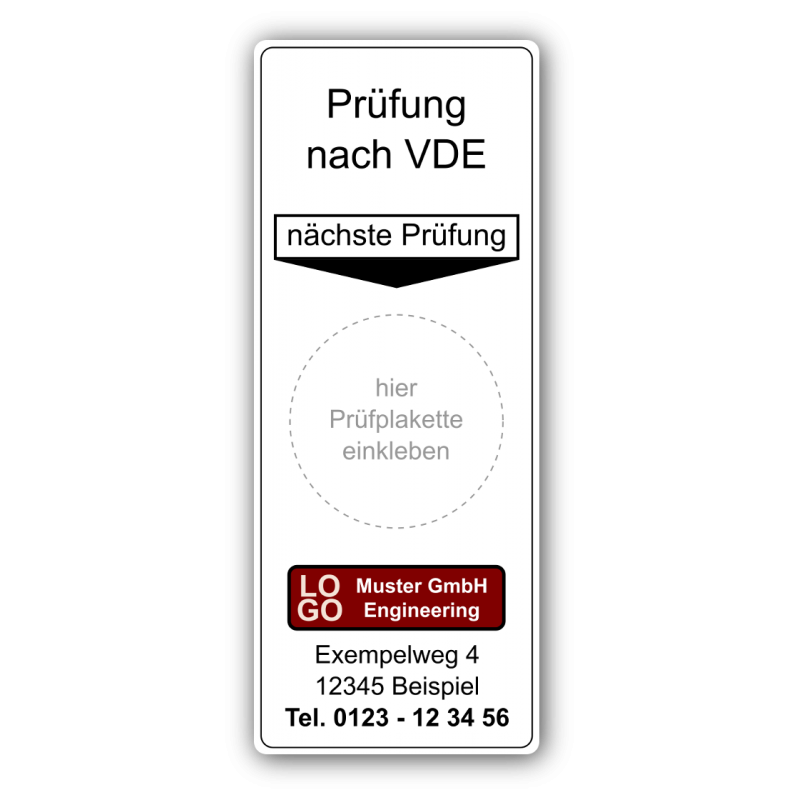 Grundplakette „Prüfung nach VDE, nächste Prüfung“ , mit Werbung