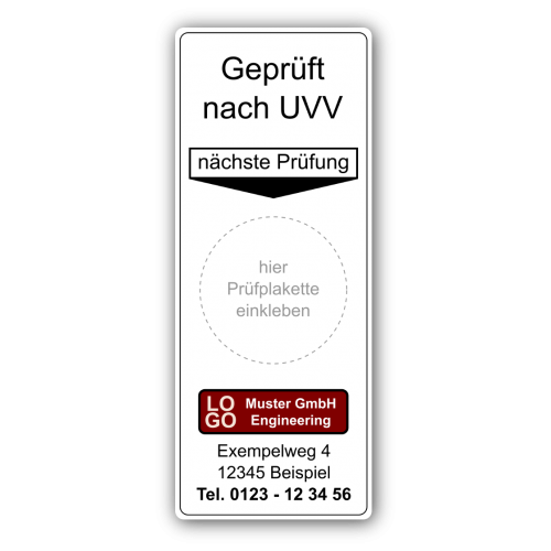 Grundplakette „Prüfung nach UVV, nächste Prüfung“ , mit Werbung