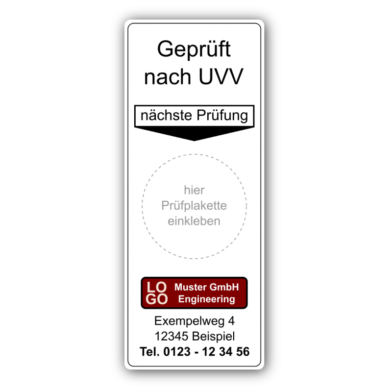 Grundplakette „Prüfung nach UVV, nächste Prüfung“ , mit Werbung