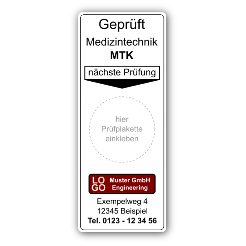 Grundplakette „Geprüft Medizintechnik MTK, nächste Prüfung“ , mit Werbung