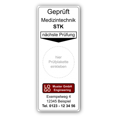 Grundplakette „Geprüft Medizintechnik STK, nächste Prüfung“ , mit Werbung