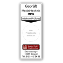Grundplakette „Geprüft Medizintechnik MPG, nächste Prüfung“ , mit Werbung