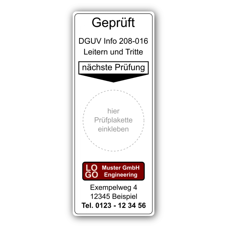 Grundplakette „Geprüft DGUV Info 208-016 Leitern und Tritte, nächste Prüfung“ , mit Werbung