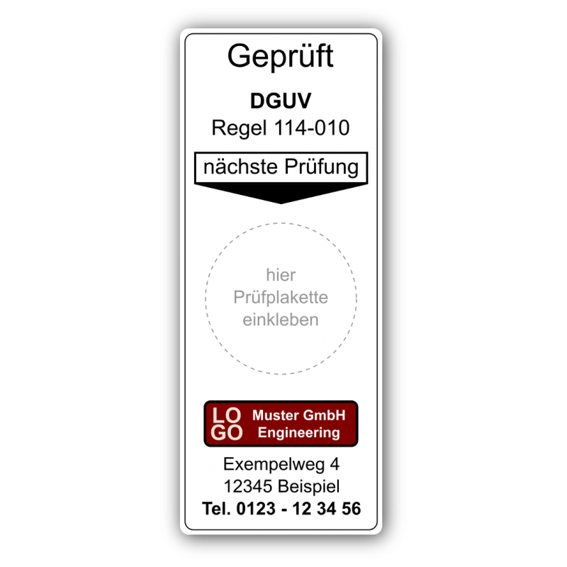 Grundplakette „Geprüft DGUV Regel 114-010, nächste Prüfung“ , mit Werbung