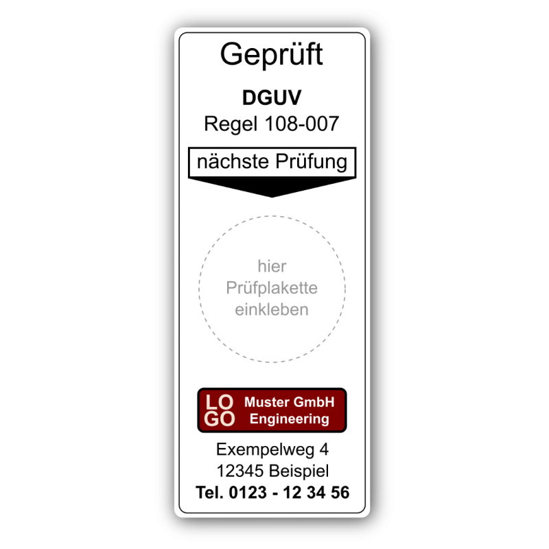 Grundplakette „Geprüft DGUV Regel 108-007, nächste Prüfung“ , mit Werbung