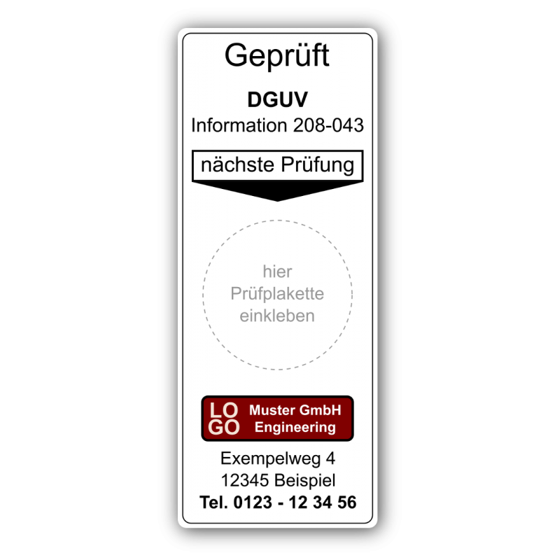 Grundplakette „Geprüft DGUV Information 208-043, nächste Prüfung“ , mit Werbung