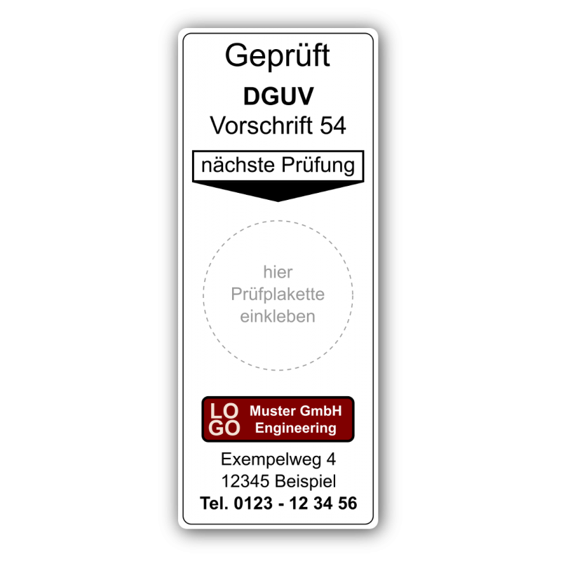 Grundplakette „Geprüft DGUV Vorschrift 54, nächste Prüfung“ , mit Werbung