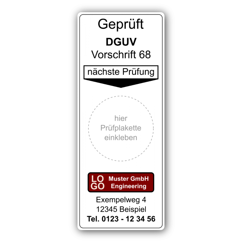Grundplakette „Geprüft DGUV Vorschrift 68, nächste Prüfung“ , mit Werbung