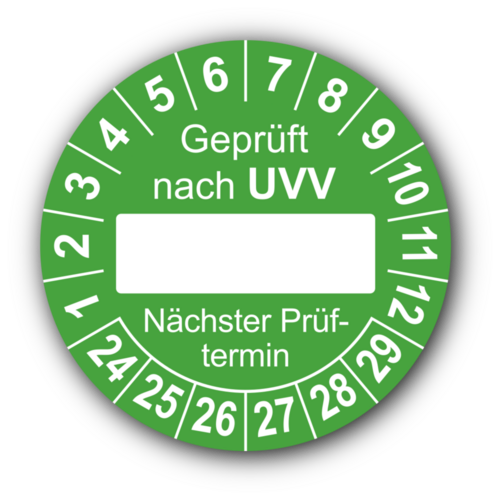 Geprüft nach UVV … Nächster Prüftermin, grün (zum Selbstbeschriften)