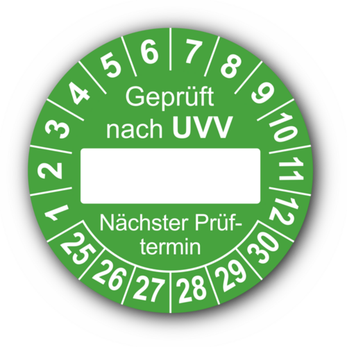 Geprüft nach UVV … Nächster Prüftermin, grün (zum Selbstbeschriften)