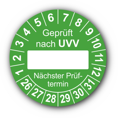 Geprüft nach UVV … Nächster Prüftermin, grün (zum Selbstbeschriften)