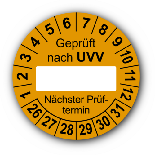 Geprüft nach UVV … Nächster Prüftermin, orange (zum Selbstbeschriften)