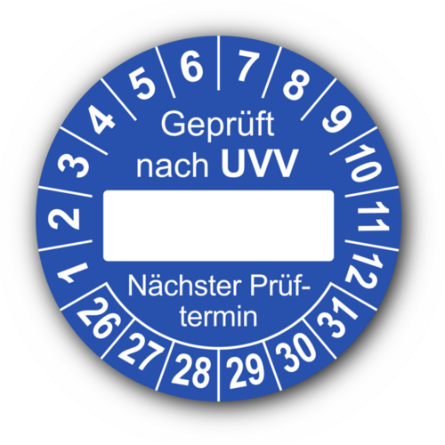 Geprüft nach UVV … Nächster Prüftermin, blau (zum Selbstbeschriften)