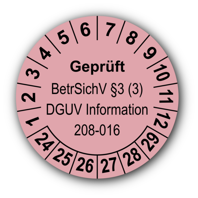 Geprüft BetrSichV §3 (3) DGUV Information 208-016, rosa