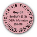 Geprüft BetrSichV §3 (3) DGUV Information 208-016, rosa