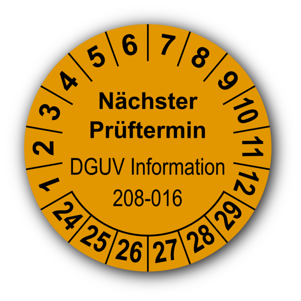 Mehrjahres-Prüfplakette „Nächster Prüftermin DGUV Information 208-016“,  orange