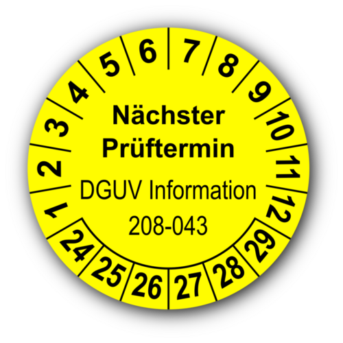 Nächster Prüftermin DGUV Information 208-043, gelb