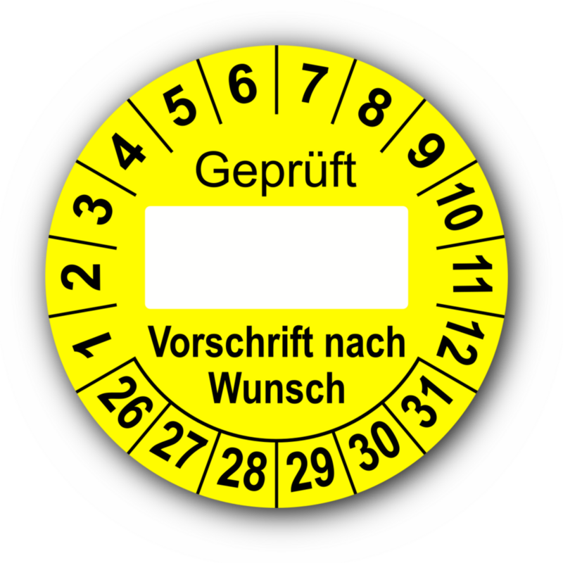 Geprüft … (Vorschrift nach Wunsch), gelb (zum Selbstbeschriften)