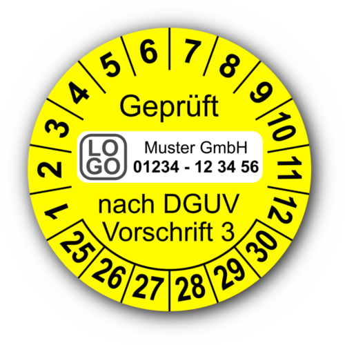 Geprüft nach DGUV Vorschrift 3, gelb, mit Wunschtext