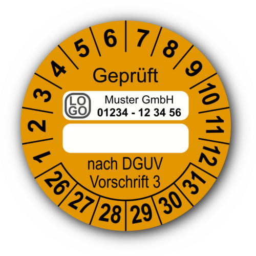 Geprüft … nach DGUV Vorschrift 3, orange (zum Selbstbeschriften), mit Wunschtext