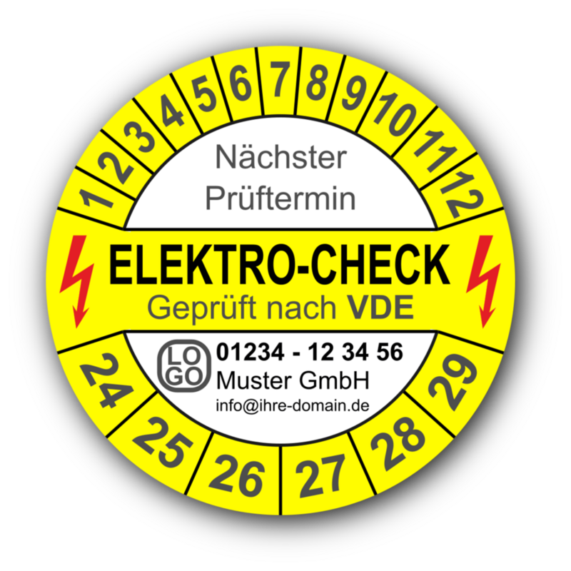 Elektro-Check Nächster Prüftermin Geprüft nach VDE, gelb/weiß, mit Wunschtext