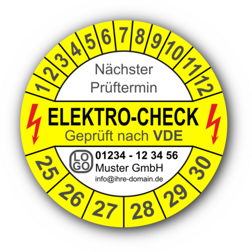 Elektro-Check Nächster Prüftermin Geprüft nach VDE, gelb/weiß, mit Wunschtext
