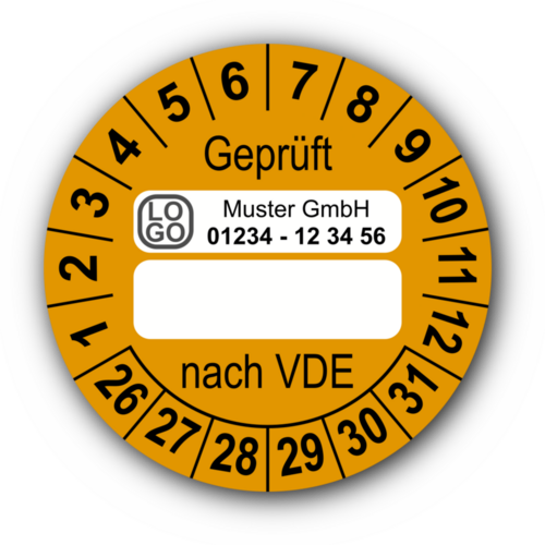 Geprüft nach VDE…, orange (zum Selbstbeschriften), mit Wunschtext