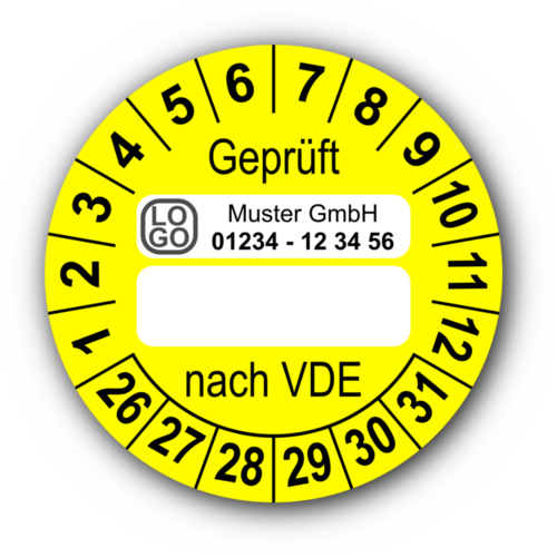 Geprüft nach VDE…, gelb (zum Selbstbeschriften), mit Wunschtext