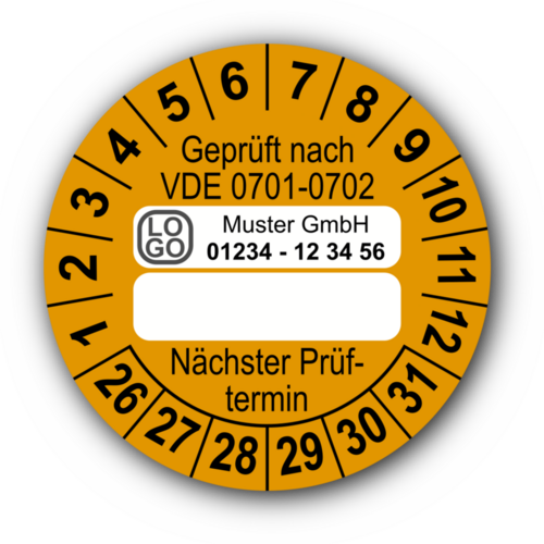 Geprüft nach VDE 0701-0702 … Nächster Prüftermin, orange (zum Selbstbeschriften), mit Wunschtext