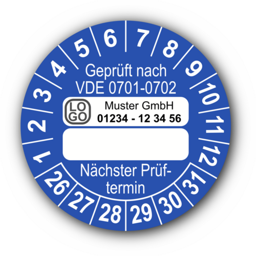 Geprüft nach VDE 0701-0702 … Nächster Prüftermin, blau (zum Selbstbeschriften), mit Wunschtext