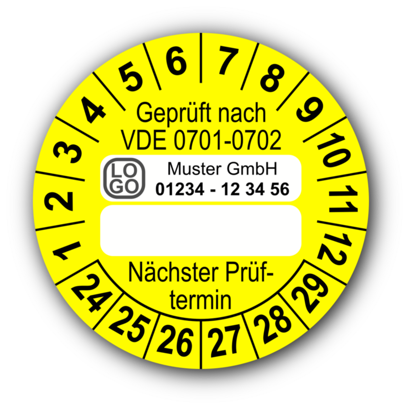 Geprüft nach VDE 0701-0702 … Nächster Prüftermin, gelb (zum Selbstbeschriften), mit Wunschtext