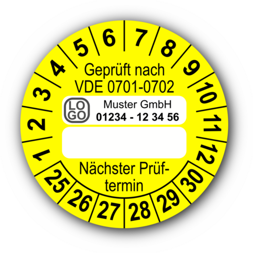 Geprüft nach VDE 0701-0702 … Nächster Prüftermin, gelb (zum Selbstbeschriften), mit Wunschtext