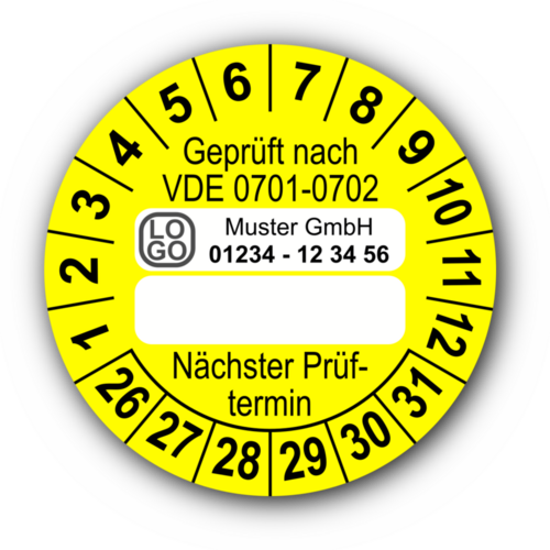 Geprüft nach VDE 0701-0702 … Nächster Prüftermin, gelb (zum Selbstbeschriften), mit Wunschtext