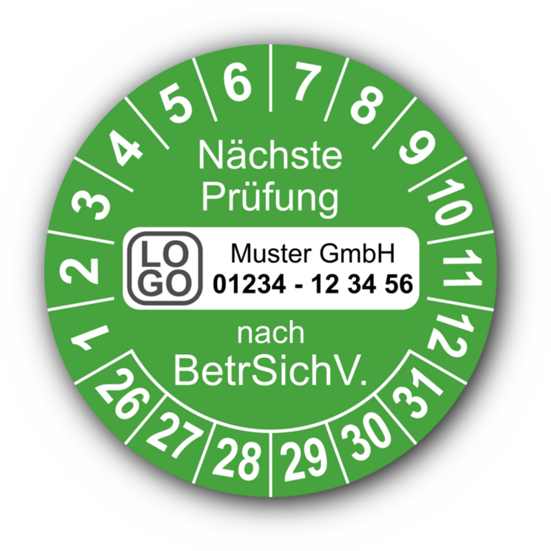 Nächste Prüfung nach BetrSichV., grün, mit Wunschtext