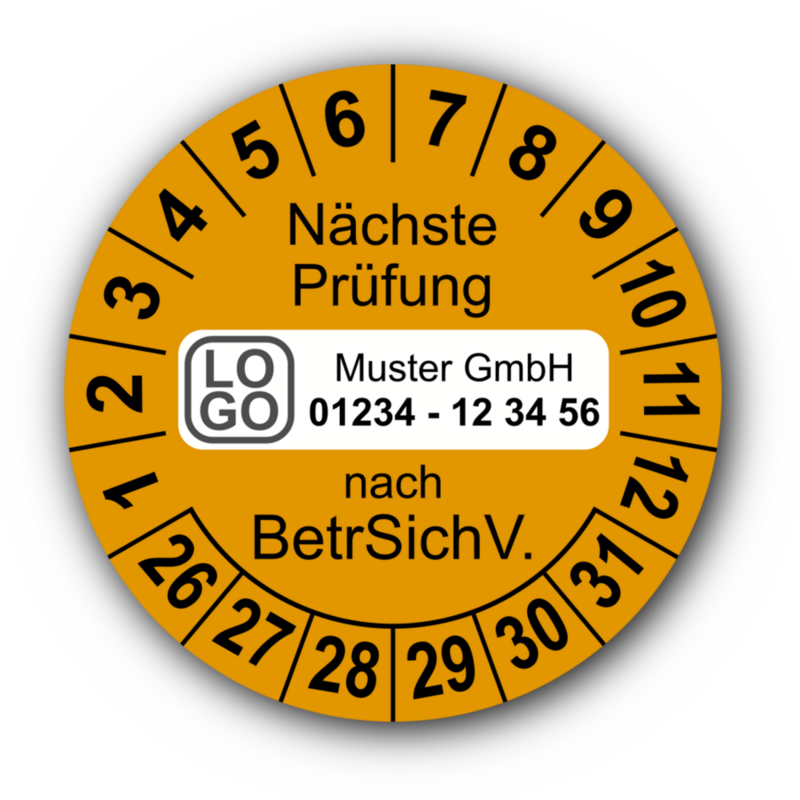 Nächste Prüfung nach BetrSichV., orange, mit Wunschtext
