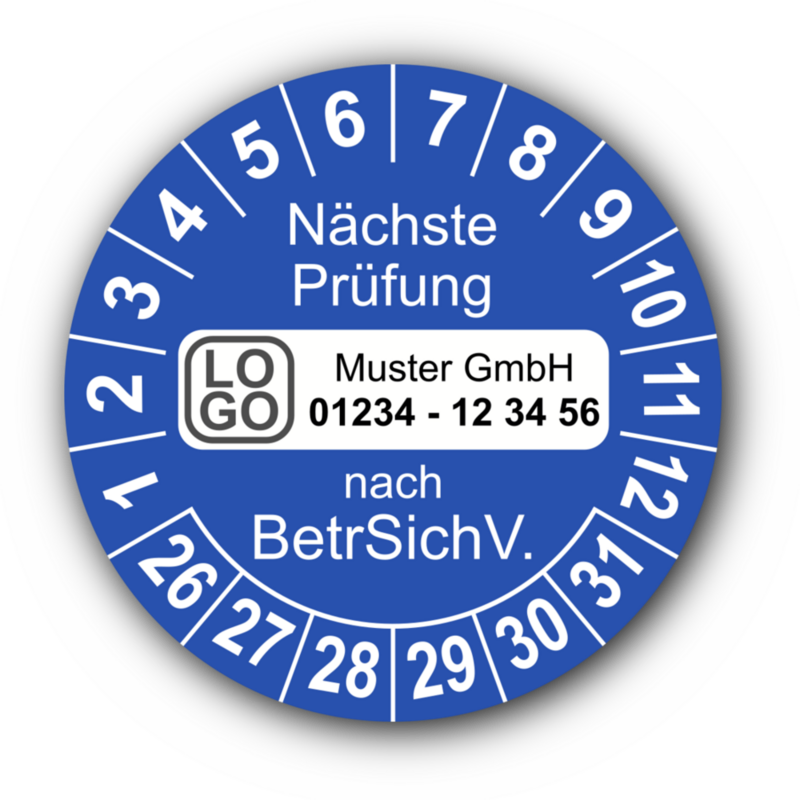 Nächste Prüfung nach BetrSichV., blau, mit Wunschtext