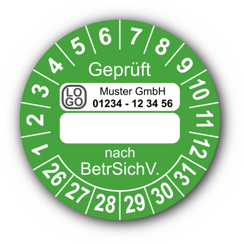 Geprüft … nach BetrSichV., grün (zum Selbstbeschriften), mit Wunschtext