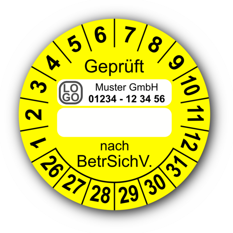 Geprüft … nach BetrSichV., gelb (zum Selbstbeschriften), mit Wunschtext