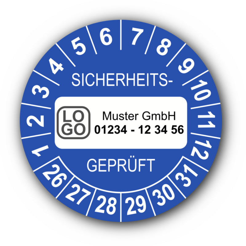 Sicherheitsgeprüft, blau, mit Wunschtext
