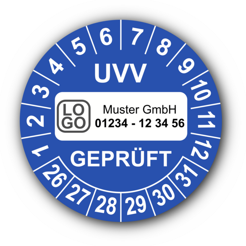 UVV geprüft, blau, mit Wunschtext