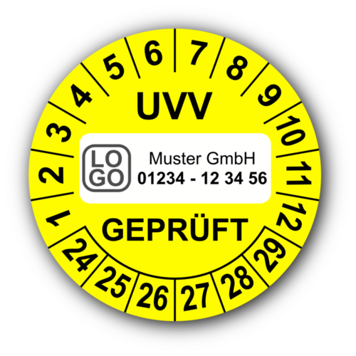 UVV geprüft, gelb, mit Wunschtext