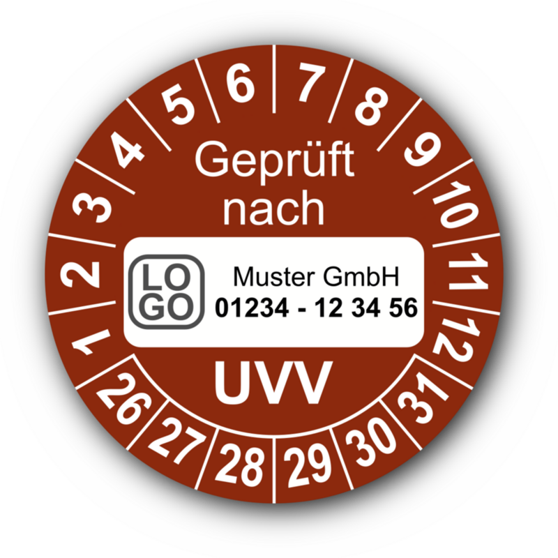 Geprüft nach UVV, braun, mit Wunschtext