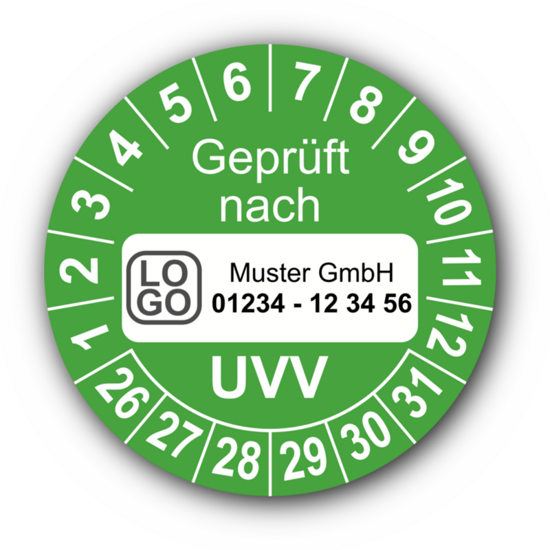 Geprüft nach UVV, grün, mit Wunschtext