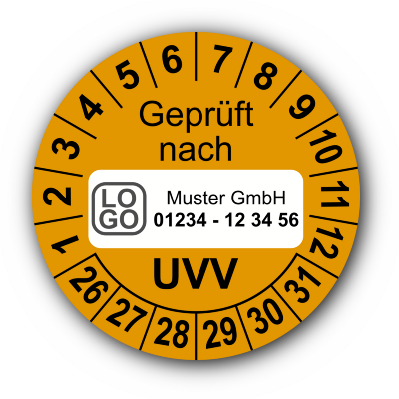 Geprüft nach UVV, orange, mit Wunschtext