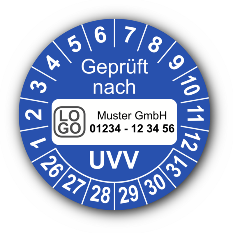 Geprüft nach UVV, blau, mit Wunschtext