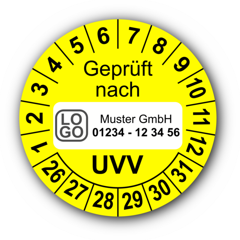 Geprüft nach UVV, gelb, mit Wunschtext