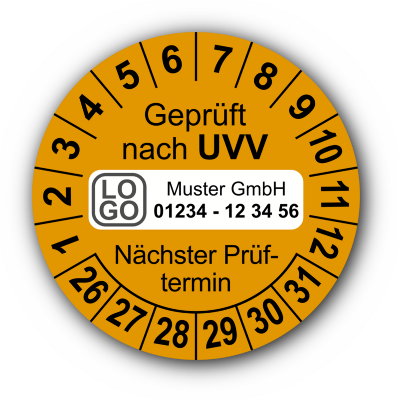 Geprüft nach UVV Nächster Prüftermin, orange, mit Wunschtext