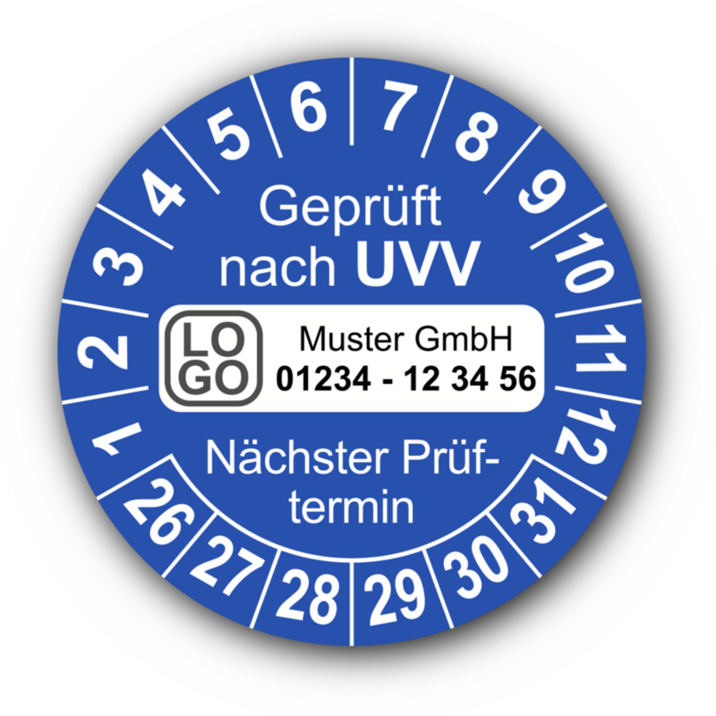 Geprüft nach UVV Nächster Prüftermin, blau, mit Wunschtext