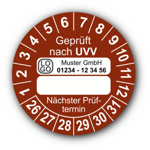 Geprüft nach UVV … Nächster Prüftermin, braun (zum Selbstbeschriften), mit Wunschtext